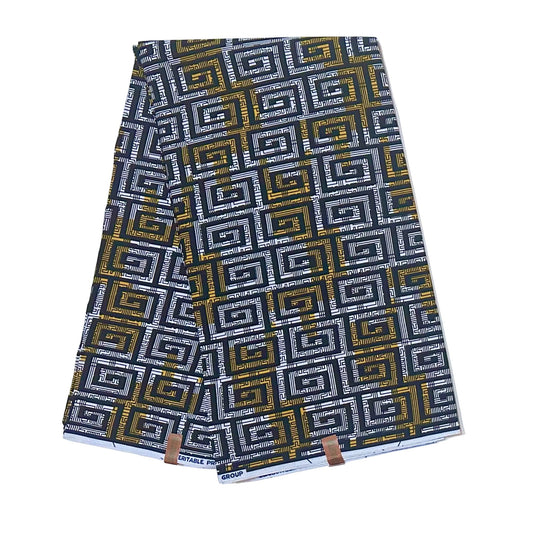 African Print Fabric/ Ankara - Black, White, Yellow 'Corners of Kabala' Design, YARD or WHOLESALE