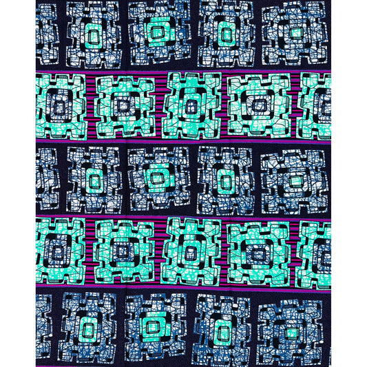 African Print Fabric/ Ankara - Turquoise, Shades of Purple ‘Jaga Jaga Blocks' Design, YARD