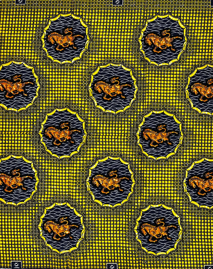 African Print Fabric/ Ankara - Yellow, Orange, Blue 'Cavalry of Benin', 1 YARD