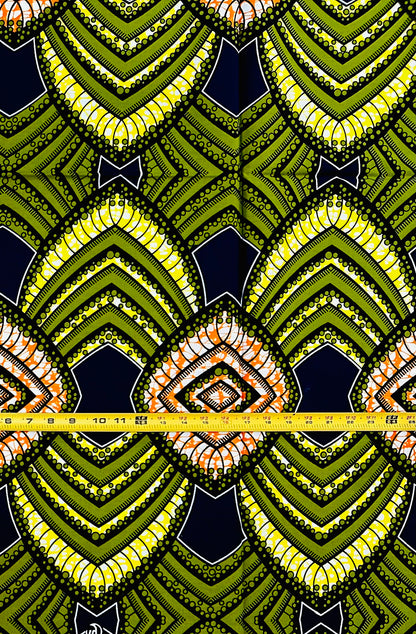 African Print Fabric/ Ankara - Green, Yellow, Orange ‘Paths to Ile-Ife', 1 YARD
