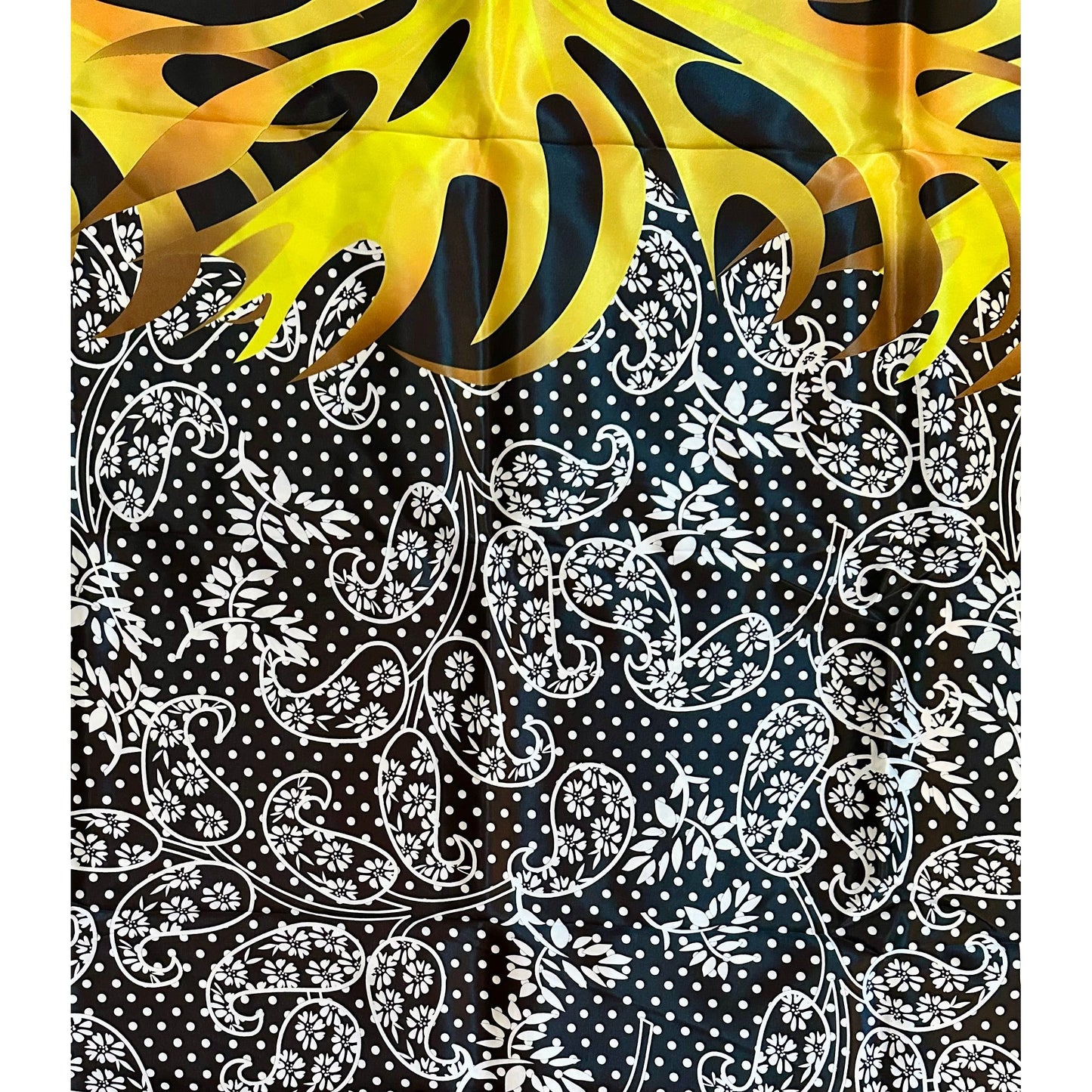 African Print, Satin Fabric- Black, White, Yellow, Gold "Swirl of Ibukun", Yard or Wholesale