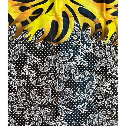 African Print, Satin Fabric- Black, White, Yellow, Gold "Swirl of Ibukun", Yard or Wholesale