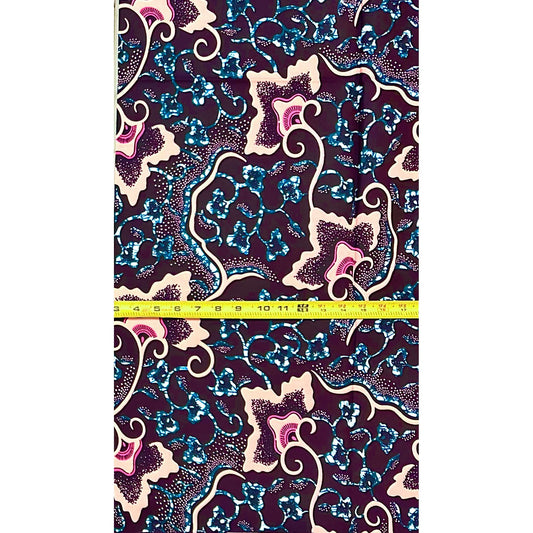 African Print Fabric/ Ankara - Pink, Brown, Teal "Dance of the Hibiscus", 1 YARD