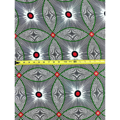 African Print Fabric/ Ankara - Black, White, Green, Red 'Kelele ' Design, YARD or WHOLESALE