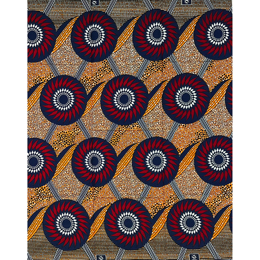 African Print Fabric/ Ankara - Orange, Blue, Red ‘The Gathering' Design, 1 YARD