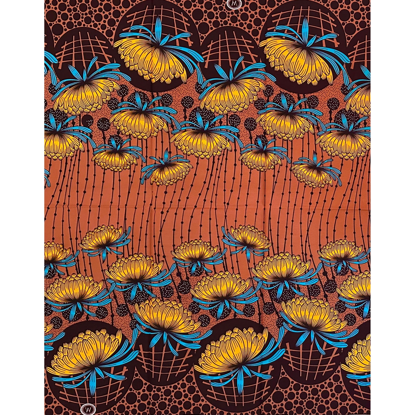 African Print Fabric/ Ankara - Brown, Blue,  Yellow 'After the Applause', YARD or WHOLESALE