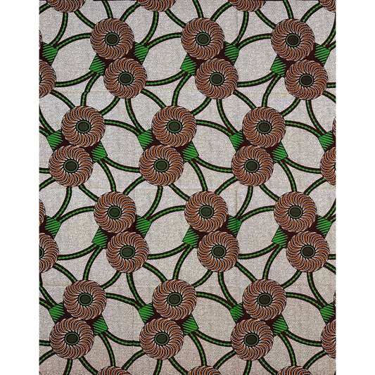 African Print Fabric/ Ankara - Green, Brown, Cream 'Closed Loop,’ 1 YARD
