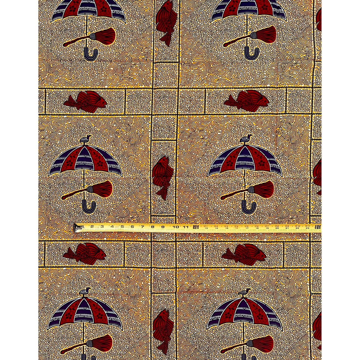 African Print Fabric/ Ankara - Red, Marigold, Blue ‘Fish Know Deep Water' Design, YARD