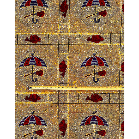 African Print Fabric/ Ankara - Red, Marigold, Blue ‘Fish Know Deep Water' Design, YARD