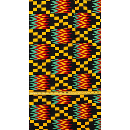 African Print Fabric/Ankara - Marigold, Red, Black, Green "The King’s Drummer" Kente, 1 Yard