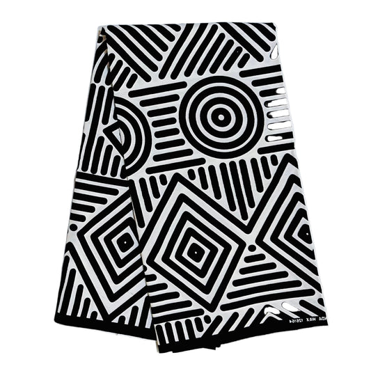 African Print Fabric/ Ankara - White, Black 'Wakanda Cipher’, YARD or WHOLESALE