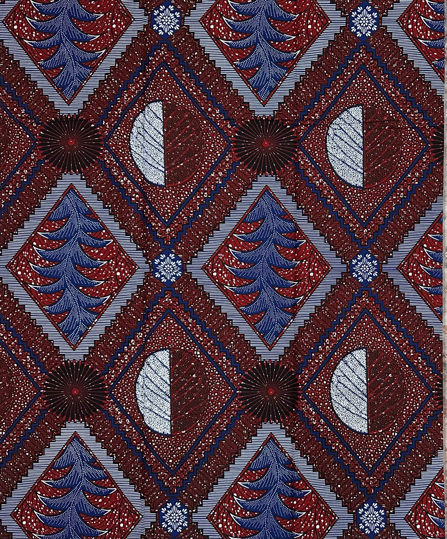 African Print Fabric/ Ankara - Brown, Navy, White 'Abusey Diamond', 1 YARD