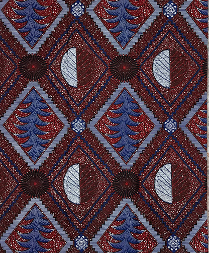 African Print Fabric/ Ankara - Brown, Navy, White 'Abusey Diamond', 1 YARD