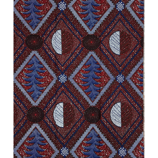 African Print Fabric/ Ankara - Brown, Navy, White 'Abusey Diamond', 1 YARD