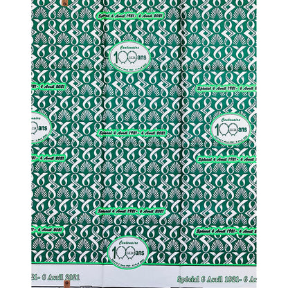 African Print Fabric/ Ankara - Green, White ‘Jubilee Praise in Nkamba' Design, YARD