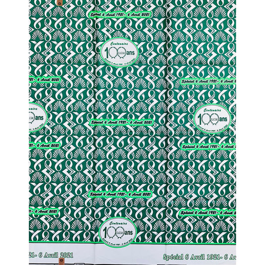 African Print Fabric/ Ankara - Green, White ‘Jubilee Praise in Nkamba' Design, YARD