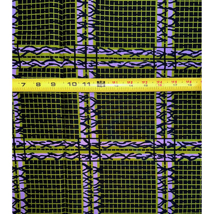 African Print Fabric/ Ankara - Green, Purple 'Ola Grid' Design, YARD