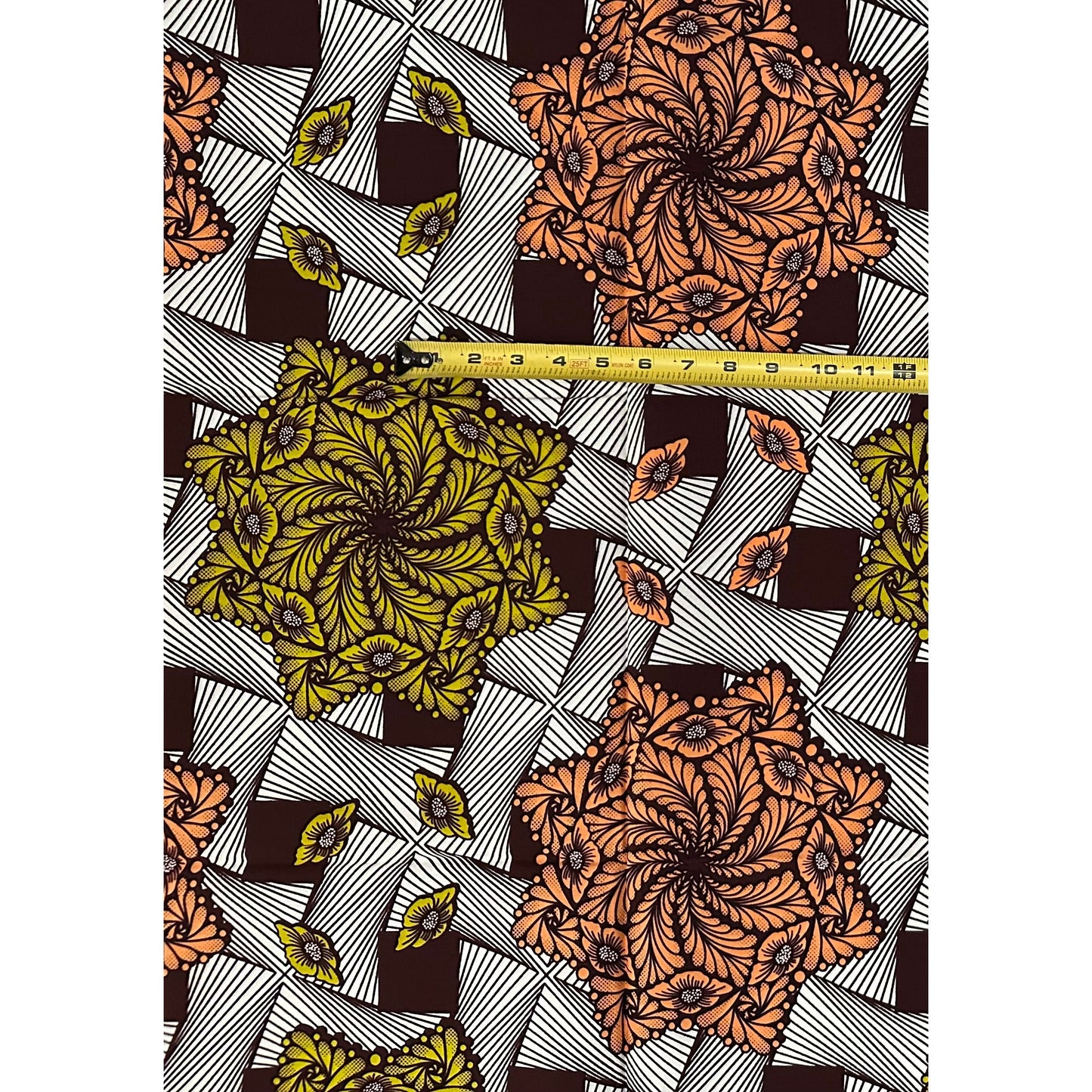 African Print Fabric/ Ankara - Coral, Chartreuse, Brown 'Orisun Celestial Star,' YARD