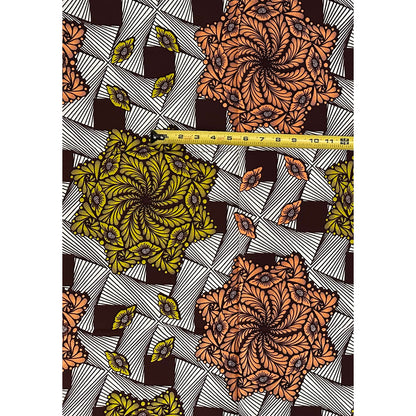 African Print Fabric/ Ankara - Coral, Chartreuse, Brown 'Orisun Celestial Star,' YARD