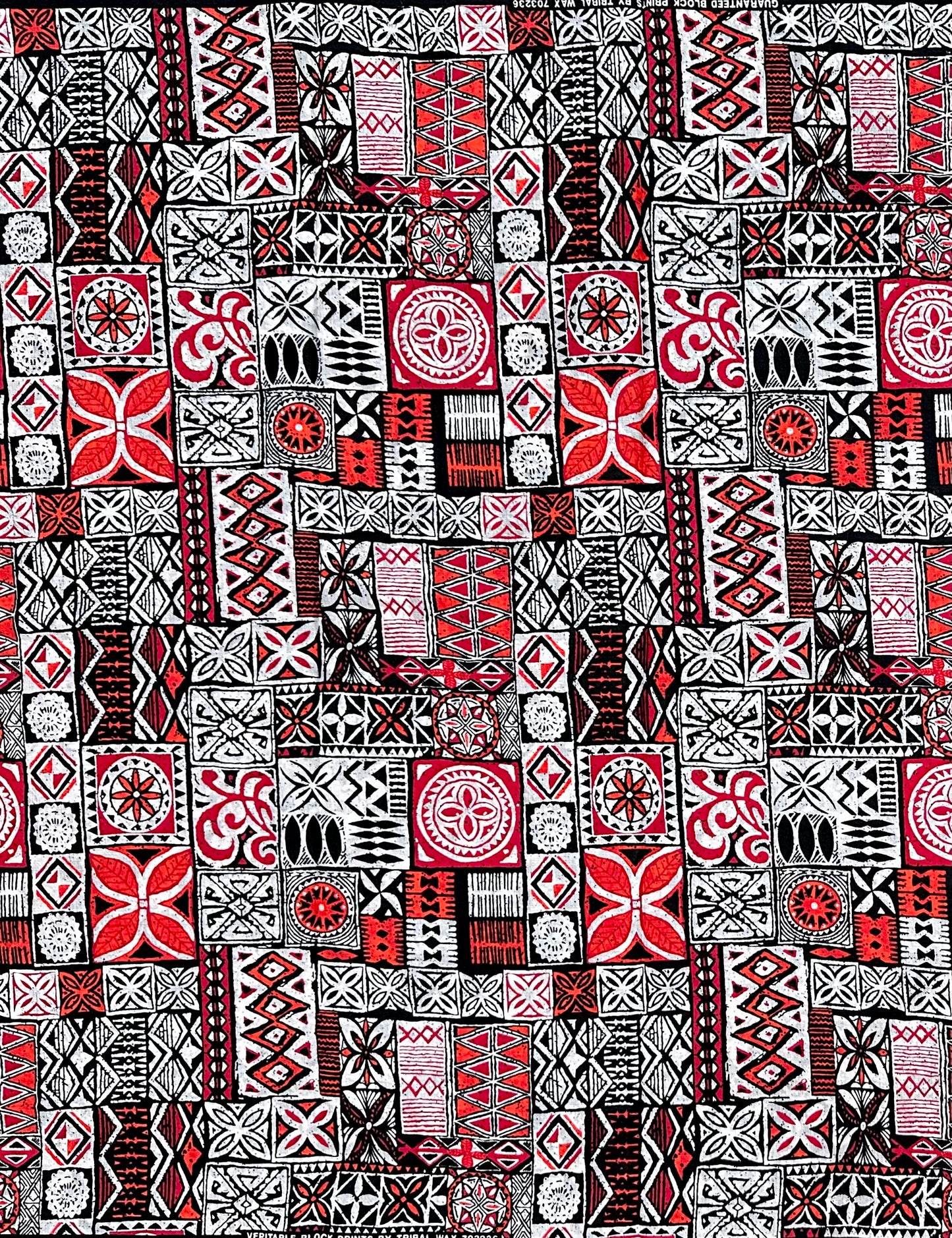 African Print Fabric/ Ankara - Red, Orange, Black, White 'Nsibidi House’, YARD or WHOLESALE