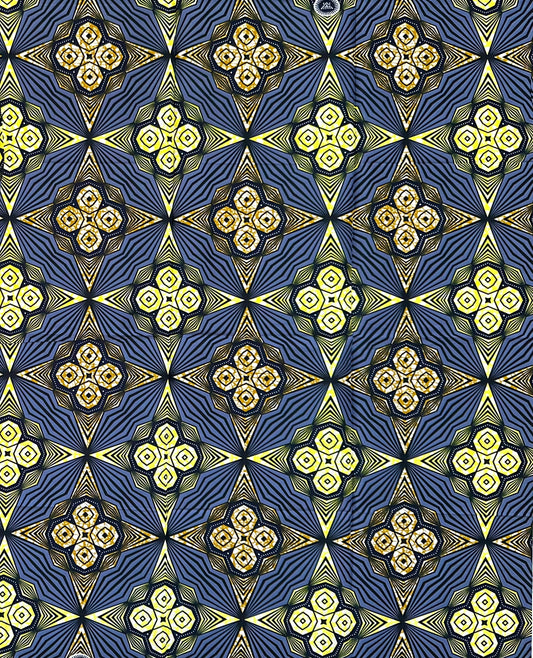 African Print Fabric/ Ankara - Gray, Yellow, Brown 'Adinkra Stars' Design
