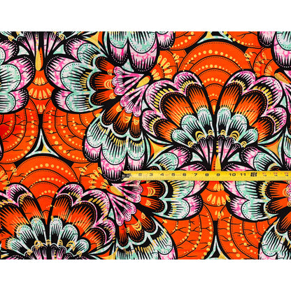African Print Fabric/ Ankara - Orange, Turquoise, Pink, Shimmering Gold 'Festival of Fireflowers’ YARD or WHOLESALE