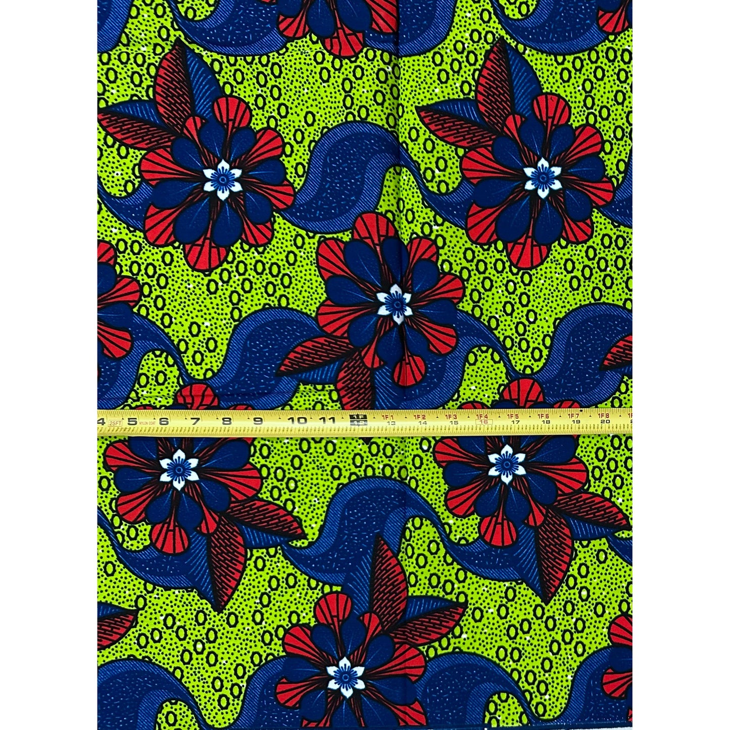 African Print Fabric/ Ankara - Green, Red, Blue ‘Flowers Dey Dance' Design, YARD