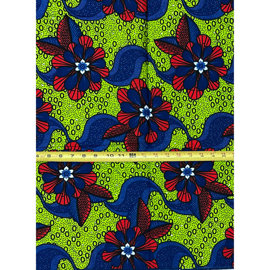 African Print Fabric/ Ankara - Green, Red, Blue ‘Flowers Dey Dance' Design, YARD