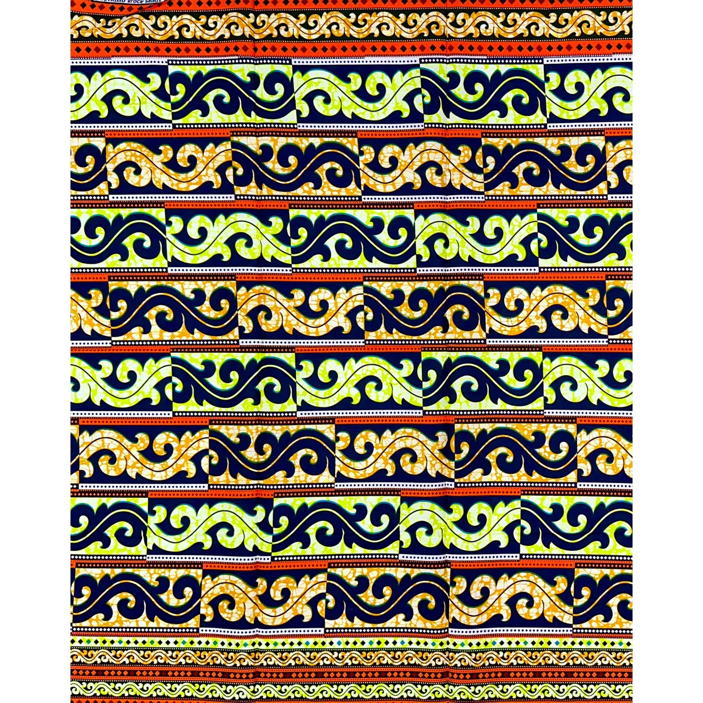 African Print Fabric/ Ankara - Orange, Yellow, Navy ‘Brick & Thunder' Design, YARD