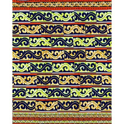 African Print Fabric/ Ankara - Orange, Yellow, Navy ‘Brick & Thunder' Design, YARD