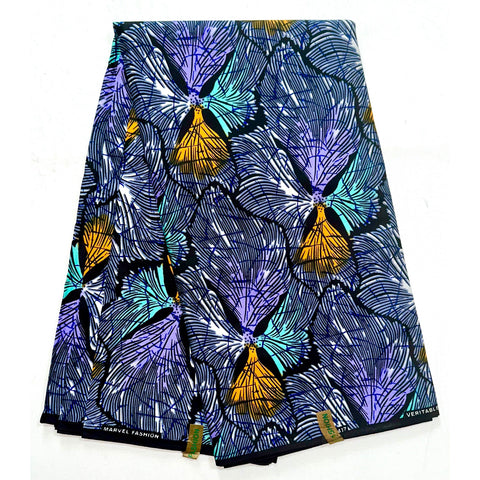 African Print Fabric/ Ankara - Gray, Purple, Orange, Light Blue 'Makonde Drift' Design, YARD or WHOLESALE