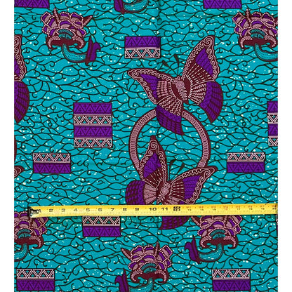 African Print Fabric/ Ankara - Teal, Purple, Brown 'Butterfly Blush,’ 1 YARD