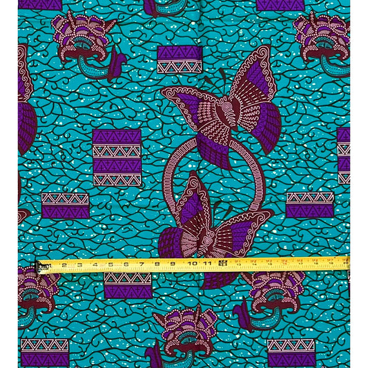 African Print Fabric/ Ankara - Teal, Purple, Brown 'Butterfly Blush,’ 1 YARD