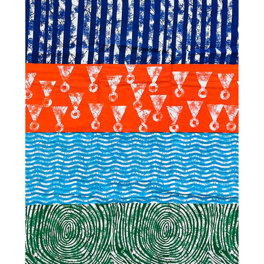 African Print Fabric/ Ankara - Orange, Shades of Blue, Green 'Primary Language', Yard or Wholesale