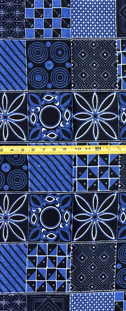 African Print Fabric/ Ankara - Shades of Blue, White 'House of Shapes' Design, YARD or WHOLESALE