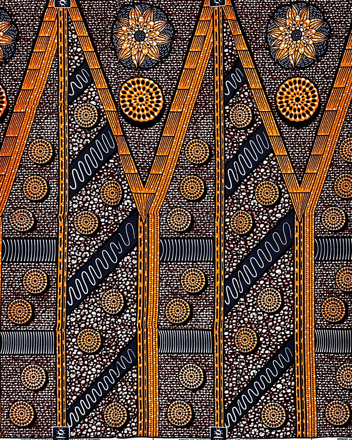 African Print Fabric/ Ankara - Orange, Navy 'Pillars of Memory', 1 YARD