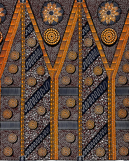 African Print Fabric/ Ankara - Orange, Navy 'Pillars of Memory', 1 YARD