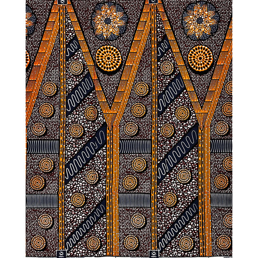 African Print Fabric/ Ankara - Orange, Navy 'Pillars of Memory', 1 YARD