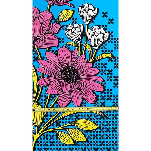 African Print Fabric/ Ankara - Blue, Pink, Yellow ‘Serengeti Flora' Design, 1 YARD