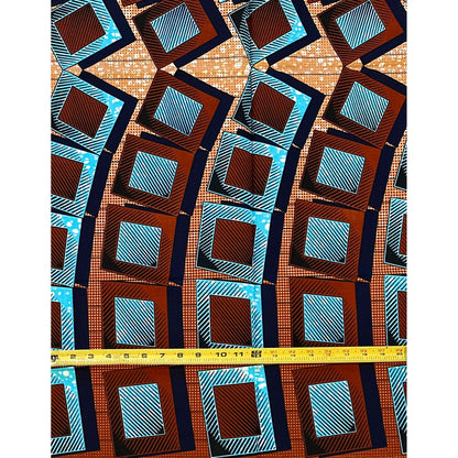 African Print Fabric/ Ankara - Blue, Brown ‘Heritage Block', ~1 YARD