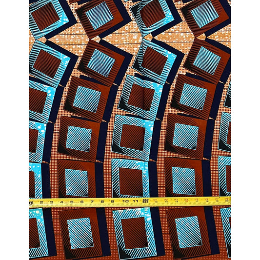 African Print Fabric/ Ankara - Blue, Brown ‘Heritage Block', ~1 YARD