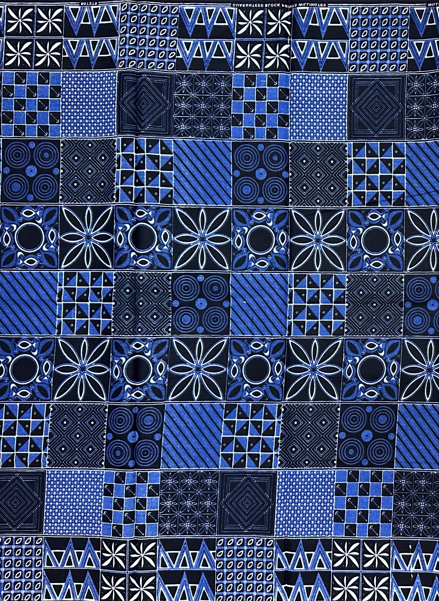 African Print Fabric/ Ankara - Shades of Blue, White 'House of Shapes' Design, YARD or WHOLESALE