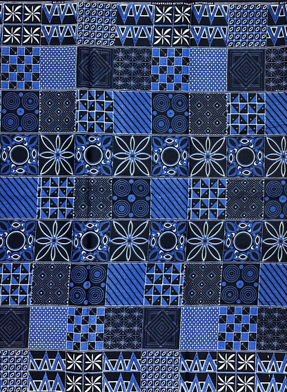 African Print Fabric/ Ankara - Shades of Blue, White 'House of Shapes' Design, YARD or WHOLESALE