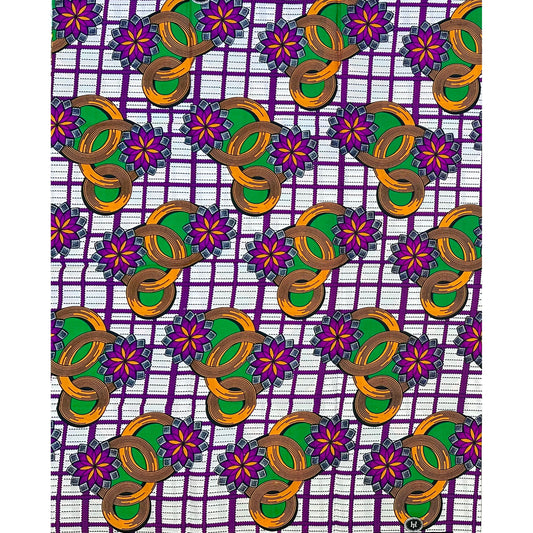 African Print Fabric/ Ankara - Purple, Orange, Green, Black 'Three Rings,' YARD