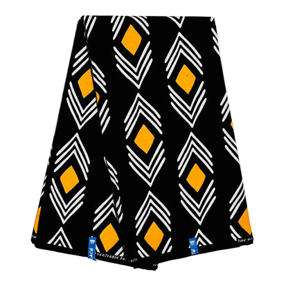 African Print Fabric/ Ankara - Black, White, Marigold 'Direction Determines Destiny' Design, YARD or WHOLESALE