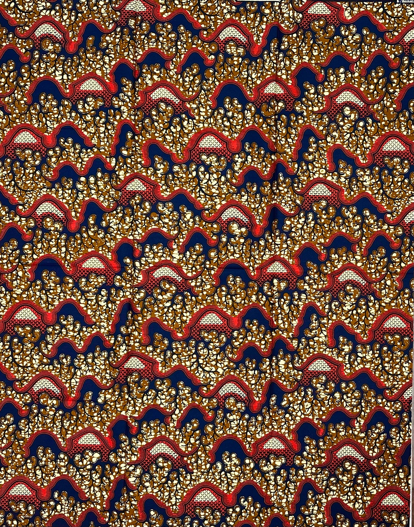 African Print Fabric/ Ankara - Brown, Navy, Orange 'The Famiky Recipe', 1 YARD