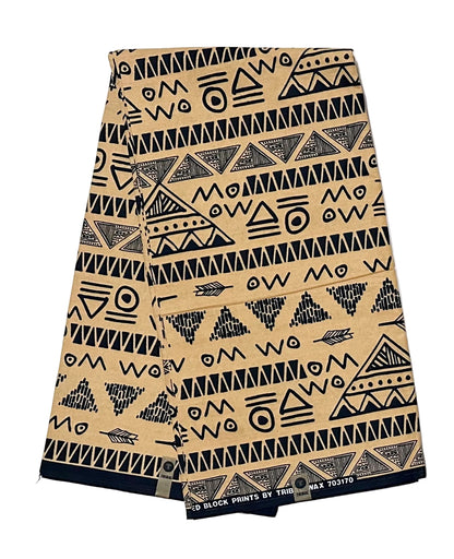 African Print Fabric/ Ankara - Beige, Black "Ankh & Ink", YARD or WHOLESALE