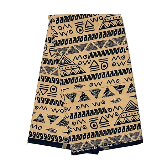 African Print Fabric/ Ankara - Beige, Black "Ankh & Ink", YARD or WHOLESALE