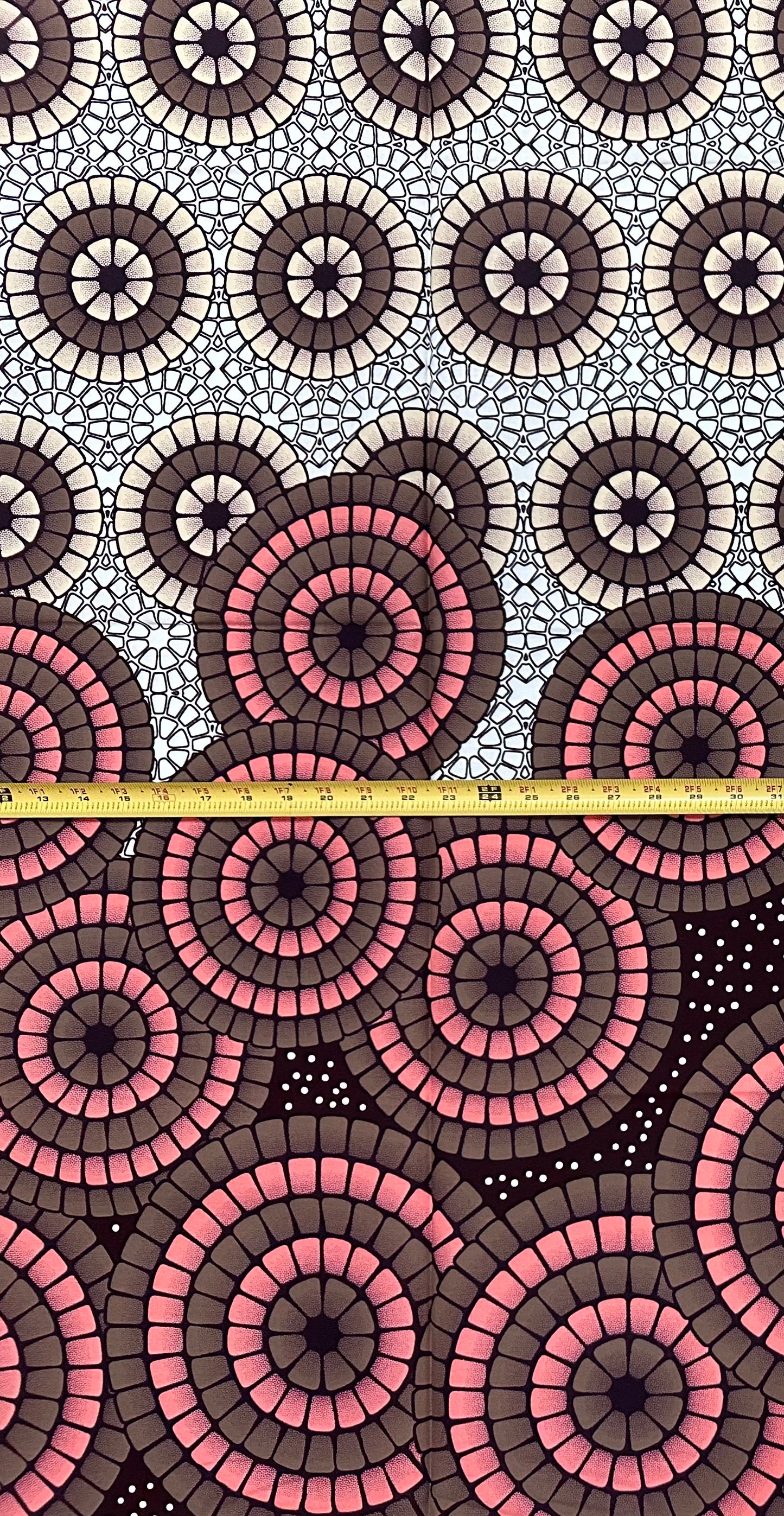 African Print Fabric/Ankara - Pink, Brown, Cream "Osun Mosaic" Design, 1 Yard
