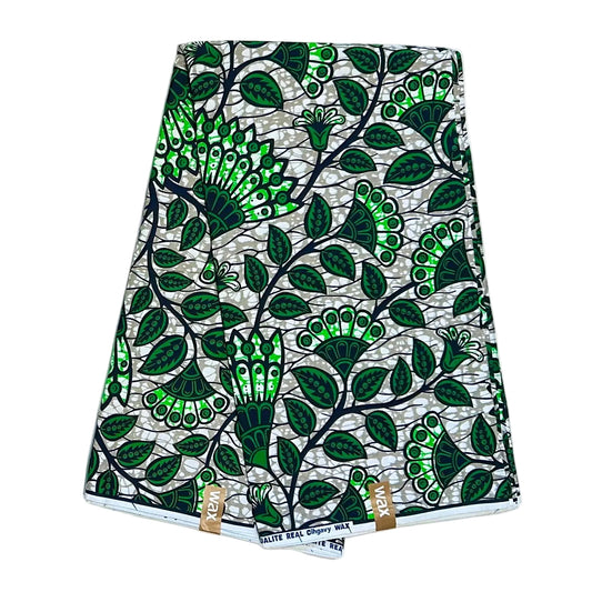 African Print Fabric/ Ankara - Green, Gray 'Everything Connects Eventually' Design, YARD or WHOLESALE